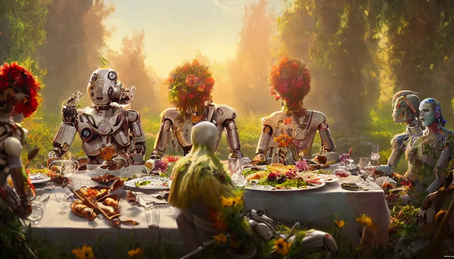 Image similar to a table dinner of humanoid robots where robots are dressed like the characters from the midsommar movie wearing flowers, realistic detailed digital art by maxwell boas jessica rossier christian dimitrov anton fadeev trending on artstation cgsociety rendered in unreal engine 4 k hq