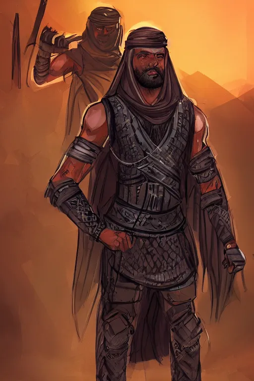 Prompt: !dream Bedouin arab superhero, black vest, intimidating full body armor, Arabian sword, beard, nighttime, cinematic lighting first person view concept art, artsation