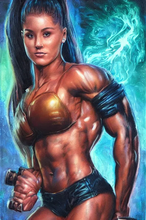 Image similar to body builder, extremely muscular ariana grande, in the style of johan grenier and john picacio and alan m. clark, trending on artstation, bioluminescence tilt - shift blade runner 2 0 4 9, crayon art, futuresynth, splash art, post - minimalism