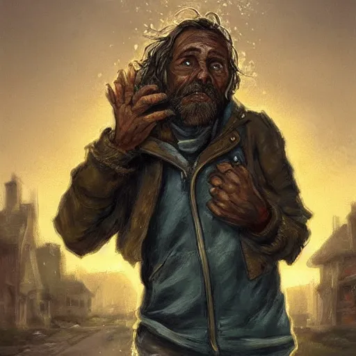 Image similar to clear portrait of homeless guy, adorable appearance!!!, golden hour, happy apearance, cottagecore!!, background hyper detailed, character concept, full body, dynamic pose, intricate, elegant, highly detailed, digital painting, artstation, concept art, smooth, sharp focus, illustration, art by artgerm and greg rutkowski and alphonse mucha