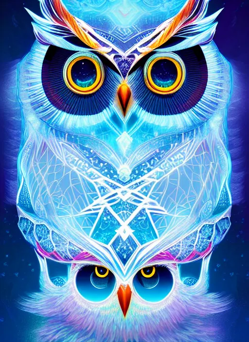 Image similar to symmetry!! product render poster vivid colors divine proportion owl, ice and snow, glowing fog intricate, elegant, highly detailed, digital painting, artstation, concept art, smooth, sharp focus, illustration,