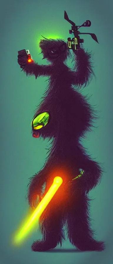 Image similar to “ furry monster character holding laser gun, floating alone, with a black dark background, digital art, award winning, trending on art station ”