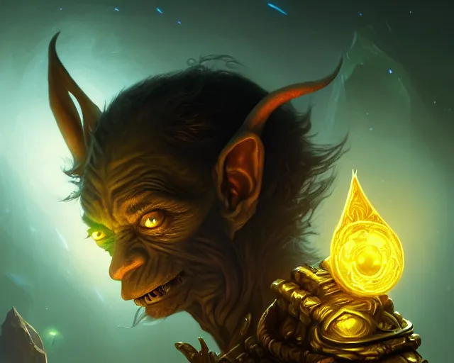 Image similar to a 4 k cinematic screenshot still portrait of a goblin in a dark liminal space room surrounded by gold, deep focus, d & d, fantasy, intricate, elegant, highly detailed, digital painting, art station, concept art, matte, sharp focus, illustration, dark fantasy style art, hearthstone, art by artgerm and greg rutkowski and alphonse mucha