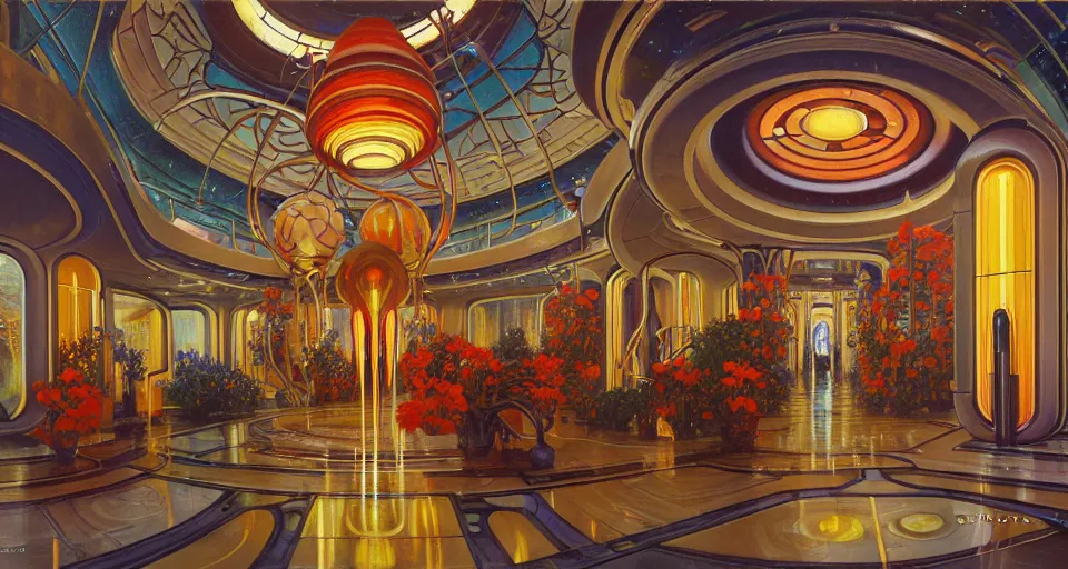 Prompt: a minimalist oil painting by donato giancola, warm coloured, scifi mass effect bioluminescent luxurious art nouveau art deco garden circular shopping mall interior with microscopy minimalist stained glass flowers growing out of pretty bulbous ceramic fountains, gigantic pillars and flowers, maschinen krieger, beeple, star trek, star wars, ilm, syd mead