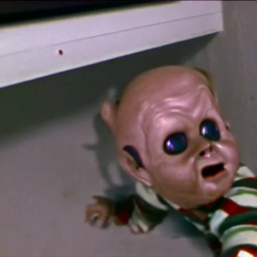 Image similar to security camera footage of screaming chucky doll crawling on the ceiling