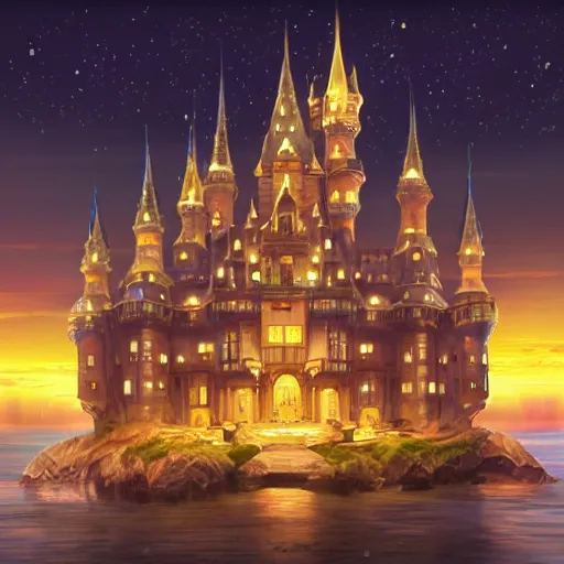 Prompt: a magnificent castle in the night sky above ocean, sense of awe, breathtaking, extremely detailed, concept art