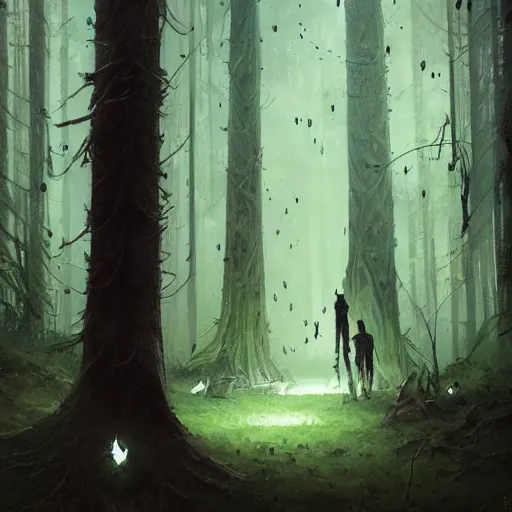 Image similar to concept art by greg rutkowski, a very tall and slender young man, frightened, surrounded by fireflies, in the middle of a forest of giant trees, detailed portraits, disturbing atmosphere, uncanny green lighting, scifi, digital painting, artstation, concept art, smooth, sharp foccus ilustration, artstation hq