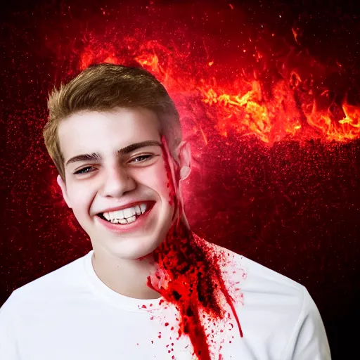 Prompt: a male teen in red with blood and an evil grin with injuries wearing white shirt on a burning background