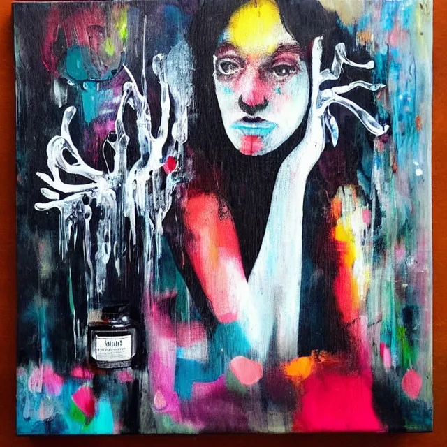 Image similar to “ a portrait in a female art student ’ s apartment, magic mushrooms, sensual, art supplies, a candle dripping white wax, berry juice drips, acrylic and spray paint and oilstick on canvas, surrealism, neoexpressionism ”