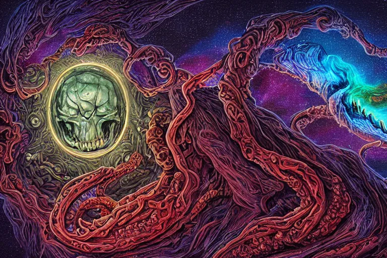 Prompt: a giant skull and flesh creature with deep and intricate rune carvings and twisting lovecraftian tentacles emerging from a space nebula by dan mumford, twirling smoke trail, a twisting vortex of dying galaxies, collapsing stars, digital art, photorealistic, vivid colors, highly detailed, intricate