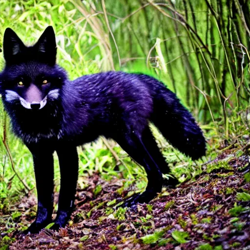 Prompt: a black fox in the wonder forest