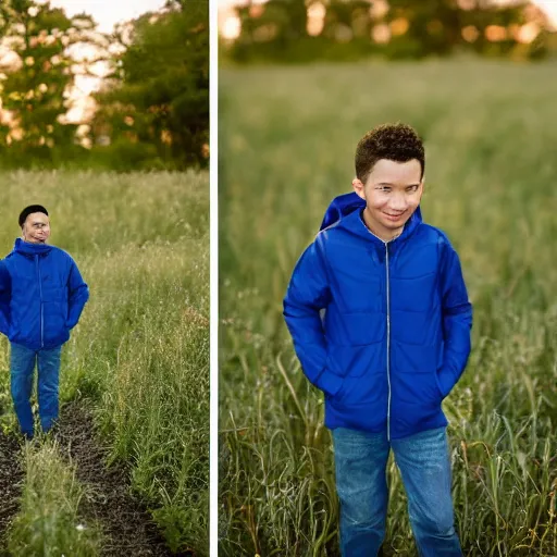 Prompt: destiny ( steven bonnell ii ) in a blue jacket walking in a field, 5 0 mm sigma lens, sony a 7 siii