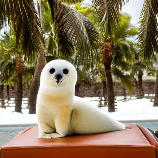 Image similar to a baby harp seal sitting near a box marked top secret, sitting on a beautiful dark leather chair at a luxury resort, palm trees outside the windows, panasonic, photo, gentle bokeh