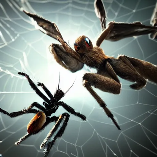 Prompt: a fight between a spider and a dove. high detail. digitalart. artstation. award winning. unreal engine. unreal 5. realistic. hyper realistic. lord of rings.