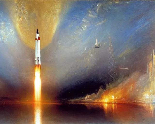 Image similar to an oil painting a saturn v rocket taking off, turner