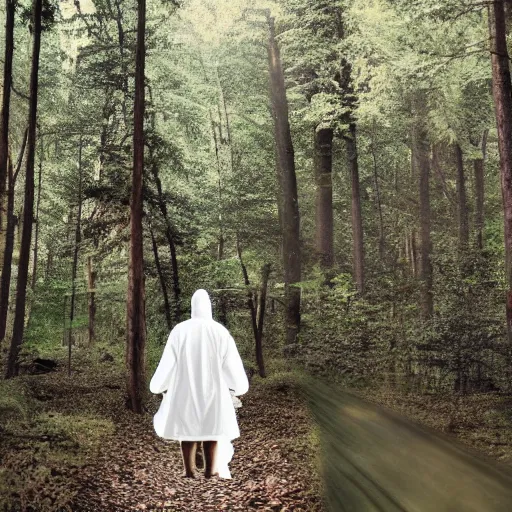 Prompt: eerie floating people in robes in the woods at night, everyone facing the camera, creepy, disturbing, nightmare, blurry