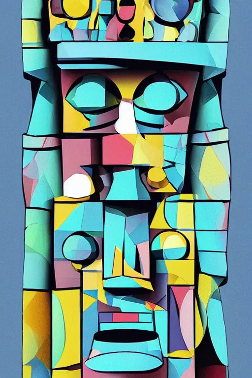 Image similar to cubist moai statue cutout digital illustration cartoon colorful beeple