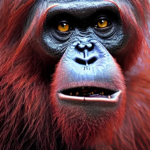 Image similar to demonic balrog orangutan, close up of face, uh oh stinky