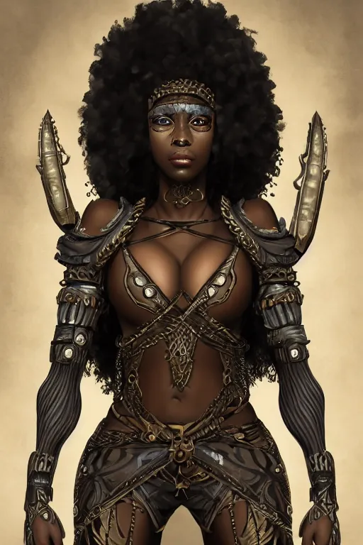 Prompt: beautiful ninja african princess with an afro. wearing cloak, medieval body armor, artgerm, trending on artstation, character concept art, border and embellishments inspired by giger.
