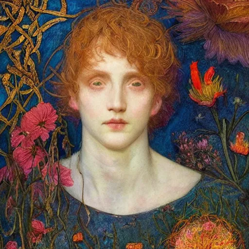 Image similar to the flower prince, by Annie Swynnerton and Annie Stegg Gerard, embroidered robes, floral tattoos, bioluminescent, elaborate costume, geometric ornament, symbolist, soft colors, dramatic lighting, smooth, sharp focus, extremely detailed