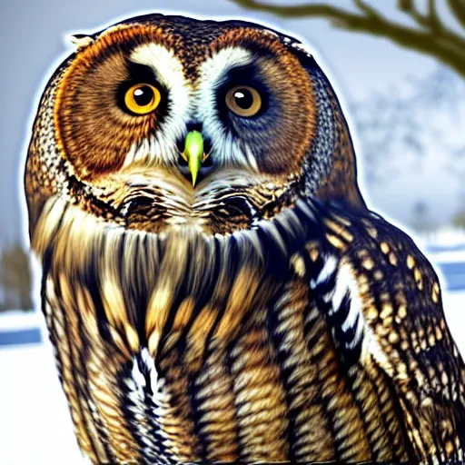 Image similar to An owl crossbred with a bear. The animal has the body of a bear, with fur, the bear is brown, it's owls head has feathers, the owls face eyes are yellow , 8k, ultra realistic, professional photography