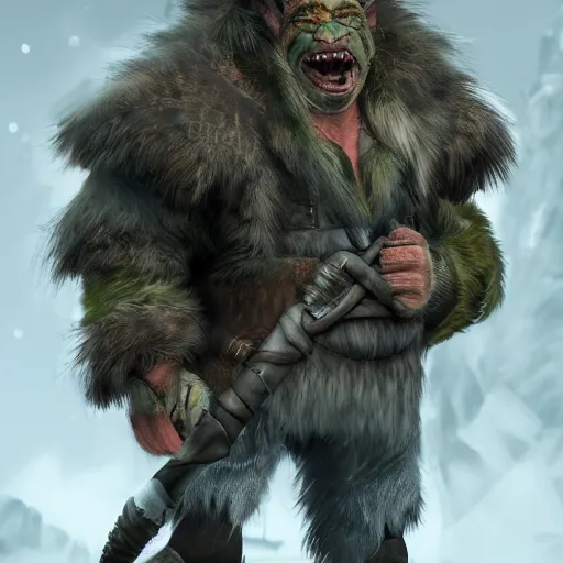 Prompt: A full body shot of a handsome orc looking into the camera wearing a fur jacket and boots, full body shot, artstation, realistic, highly detailed, symmetrical, hyper realism, high detail, octane render, unreal engine, 8k, fantasy art, intricate, highly detailed, concept art