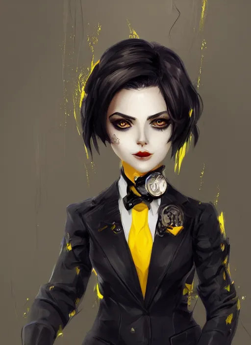 Image similar to a highly detailed illustration of beautiful short black messy haired woman wearing eyepatch and noir style suit and tie, yellow eyes, dramatic smiling pose, intricate, elegant, highly detailed, centered, digital painting, artstation, concept art, smooth, sharp focus, league of legends concept art, WLOP