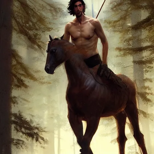 Prompt: Adam Driver as a centaur warrior, human torso on a horse body, shirtless, aiming a bow and arrow, galloping through the forest, digital art, fantasy art by Greg Rutkowski