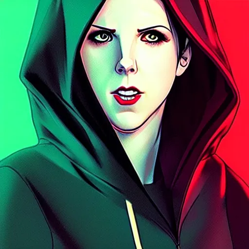 Prompt: Phil Noto comic art, artgerm, cinematics lighting, beautiful Anna Kendrick supervillain, green dress with a black hood, angry, symmetrical face, Symmetrical eyes, full body, flying in the air over city, night time, red mood in background