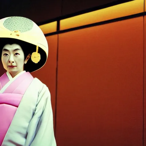 Image similar to rowan atkinson dressed as a traditional japanese woman, cinematic shot, dynamic lighting, close up, impressive winning photo, pastel colors