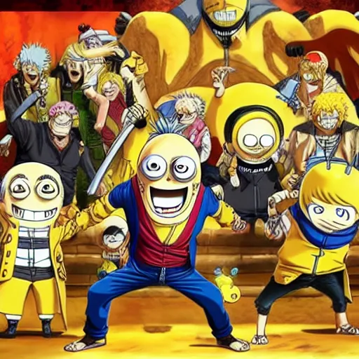 Prompt: Gru and the Minions fighting Naruto for control over the One Piece, D&D art, concept art, 8k