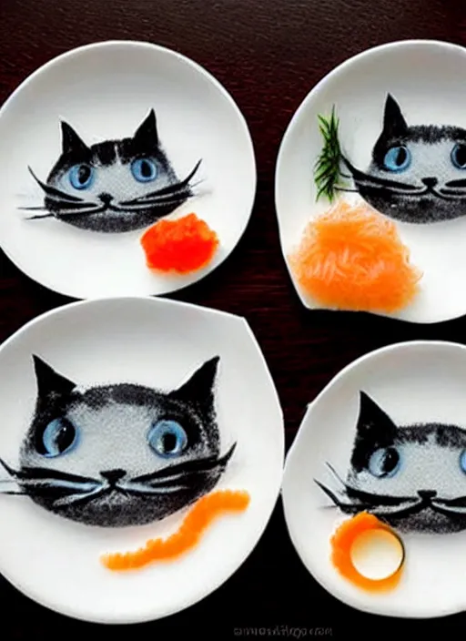 Prompt: clear surrealist painting of adorable cats made from sushi rice, sitting on sushi plates with garnish