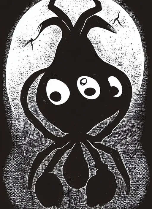 Image similar to an evil looking pumpkin head on a creppy black spider, spooky halloween theme, illustration line art style