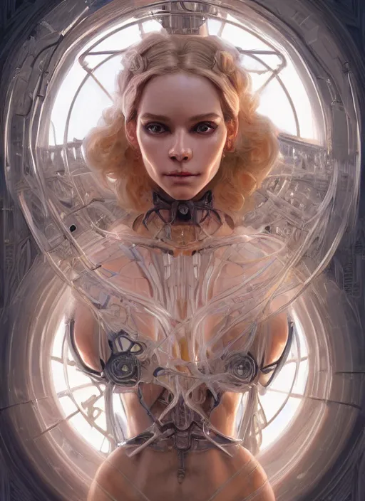 Image similar to symmetry! elsa jean, machine parts embedded into face, tubes and cables, intricate, elegant, highly detailed, digital painting, artstation, concept art, smooth, clockwork, sharp focus, illustration, art by artgerm and greg rutkowski and alphonse mucha, 8 k