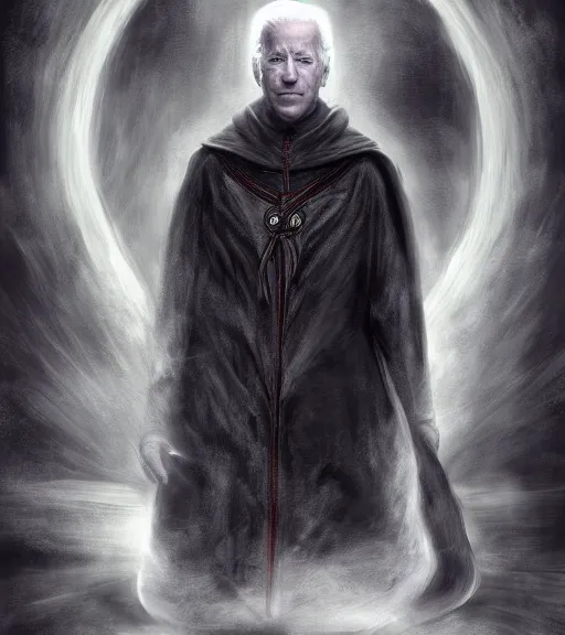 Image similar to joe biden as a hooded arch mage, portrait, by artgem, by yoshitaka amano, dark atmosphere, digital art, highly detailed,