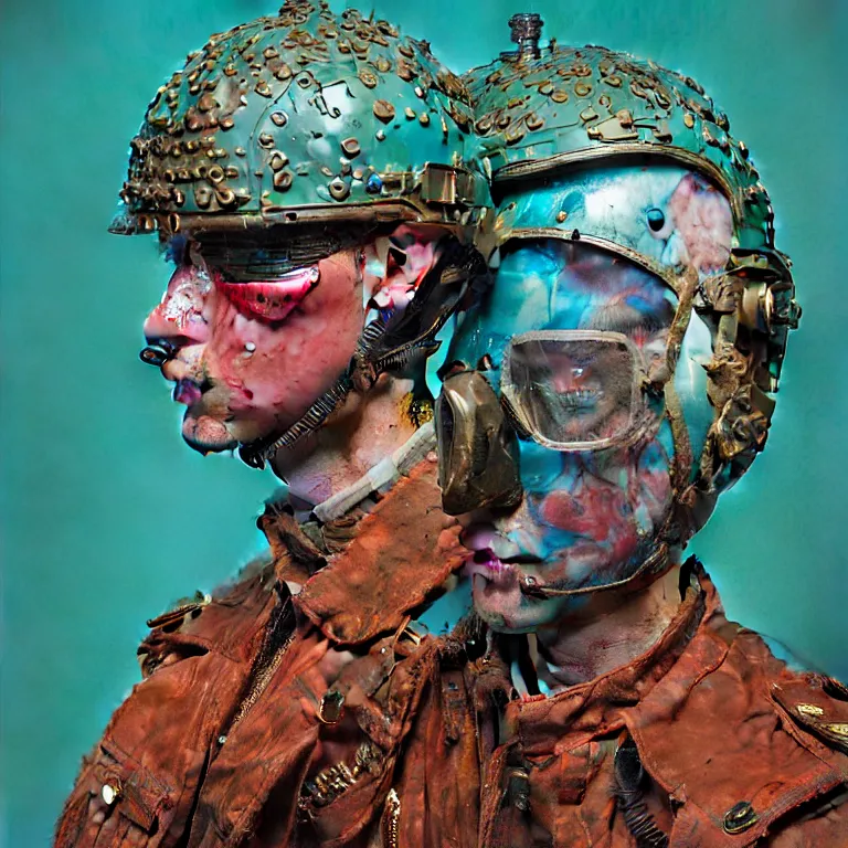 Prompt: hyperrealistic detailed portrait of a military brutal character in ornate diamonds fighter pilot helmet, in background turquoise plastic bag, rich deep colors, ultra detail, by francis bacon, james ginn, petra courtright, jenny saville, gerhard richter, zdzisaw beksinski, takato yamamoto. masterpiece, elegant fashion studio ighting, 3 5 mm