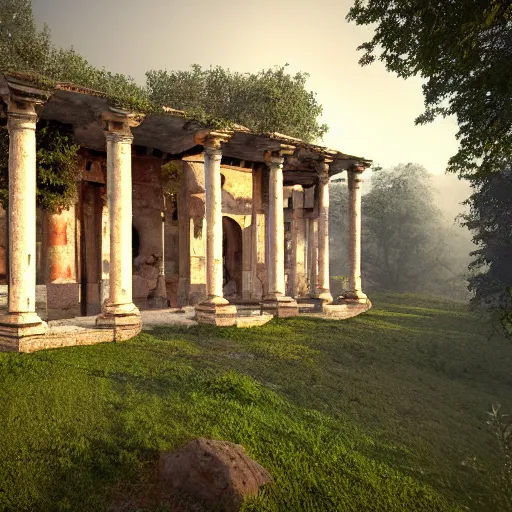Prompt: A beautiful roman villa on a foggy forest mountain, 3d rendered, digital art, artstation, 4k