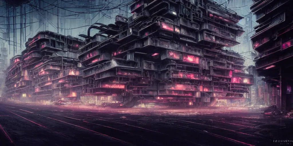 Image similar to concept art, octane render, a brooding, decrepit dystopian city, reflections, volumetric neon lighting, dramatic, white neon glow, 8 k, ultra - hd, insanely detailed and intricate, hypermaximalist, brutalist habitat 6 7, elegant, ornate, by gerald brom, by syd mead, akihiko yoshida, doug chiang, cinematic