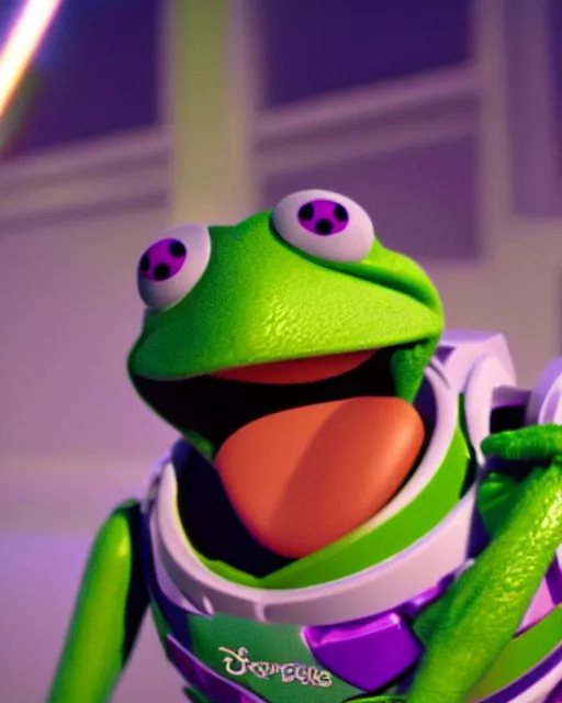 Prompt: Film still close-up shot of kermit the frog as Buzz Lightyear in the movie Toy Story 3. Photographic, photography