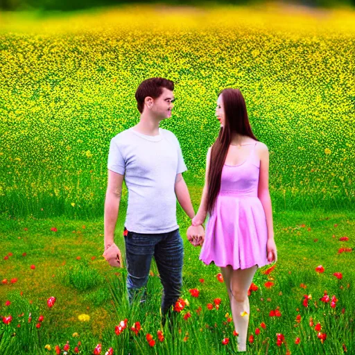 Image similar to a couple holding hands in a field of flowers, symmetrical face, beautiful, vfx, photo realistic, 8 k, aesthetic