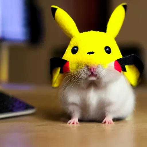 Prompt: a hamster wearing a pikachu hat