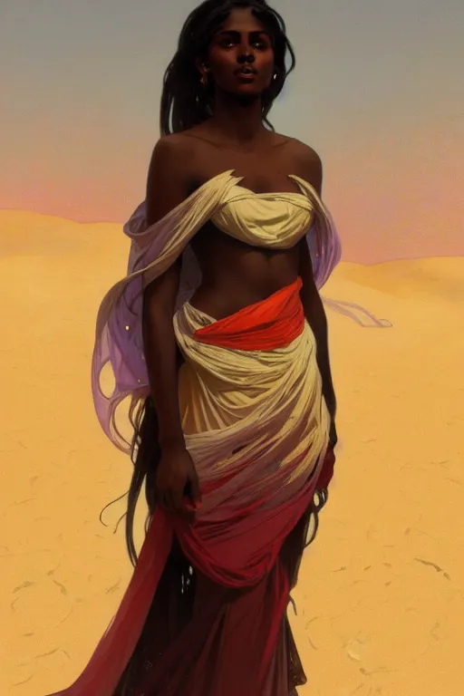 Image similar to full figure beautiful young dark skin woman, covered in multicolored arabian fluent clothes, luminous scene, by greg rutkowski and alphonse mucha, d & d character, gradient white to gold, in front of a dune desert background, highly detailed portrait, digital painting, artstation, concept art, smooth, sharp focus illustration, artstation hq