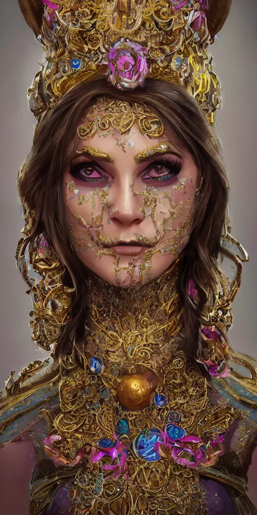 Prompt: portrait of karen 0, realistic, 4 k, fine details, wearing an ornate costume, concept art, high art, colorful