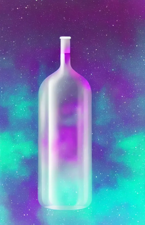 Prompt: purple liquid inside a bottle, universe background, minimalist artwork,