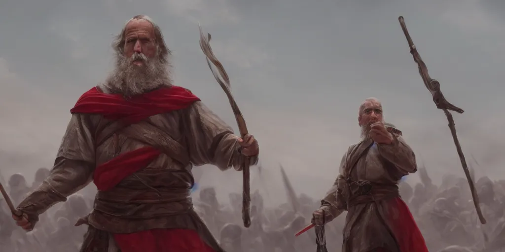 Image similar to overhead mid shot cinematic artwork of an old Caucasian man on a battlefield with a staff and wearing robes looking to a vast ancient Chinese army wearing red armor and holding red flags in the distance by greg rutowski, masterpiece, fantasy, 4k