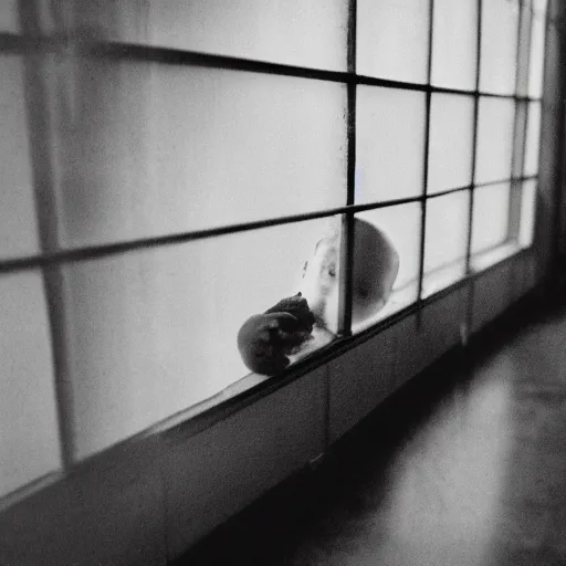 Prompt: a creepy looking human crawling out from underneath the bed, with the light of the window reflecting on him, black and white 35mm photograph.