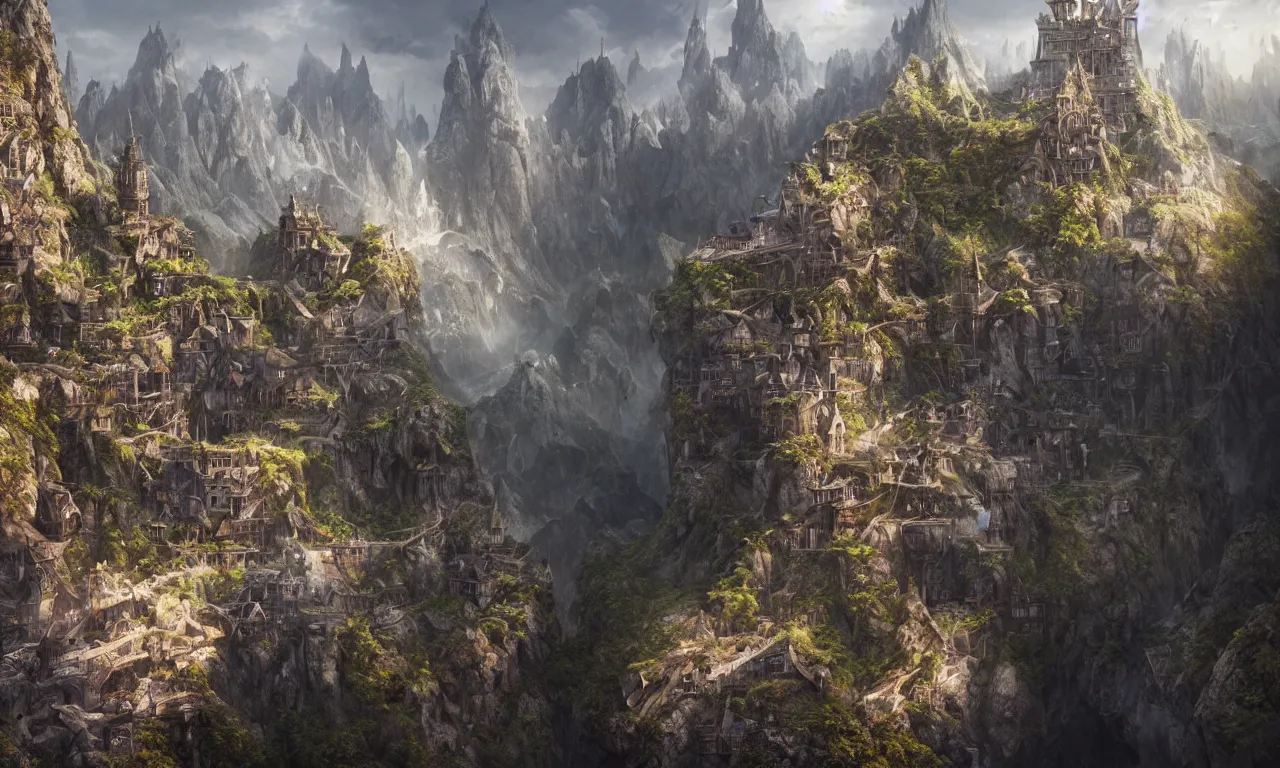 Image similar to by nadezda and david stoupakis, visually stunning, cinematic, ultra realistic, hyper realism, 1 2 k, epic, octane render, unreal engine, vfx, maya, a dwarf - city built into a mountain