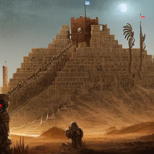 Prompt: Illustration of the tower of Babylon fortified and defended by robot soldiers, intricate details, sharp, concept illustration, digital art, trending on ArtStation