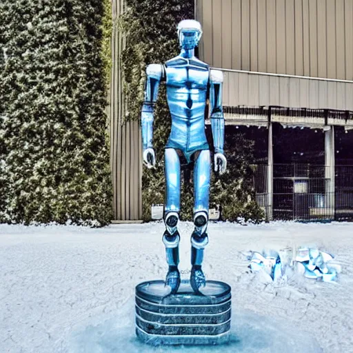 Image similar to made of ice, a realistic detailed photo of a guy who is an attractive humanoid who is half robot and half humanoid, who is a male android, on display, blank stare, showing off his muscles, shiny skin, posing like a statue, by the pool, frozen ice statue, f 1 driver max verstappen, humanoid robot