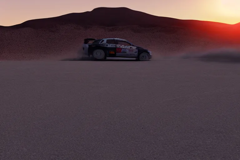 Image similar to far away rally car on the dirt road silhouette, extremely detailed digital art, sunset, gradient photorealistic, 8k
